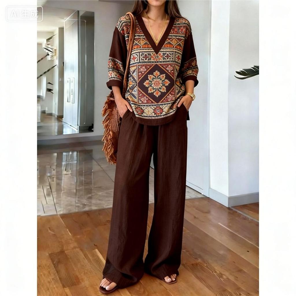 1116 New V-neck Wide-leg Pants Set, European and American Fashion Style Women's Simple Casual Two-piece Set Women's