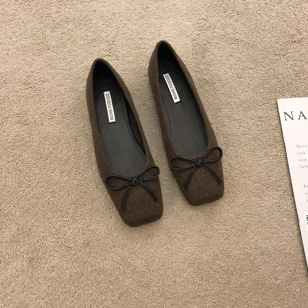 Flat Bottom Square Head Bow Doudou Single Shoes Women's Shoes 2025 New Spring, Autumn and Winter French Suede Gentle Evening Shoes