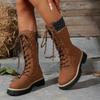 Autumn and Winter Plus Size European and American Cross-border New High-top Front Lace-up Simple Style Thick Heel Women's Boots
