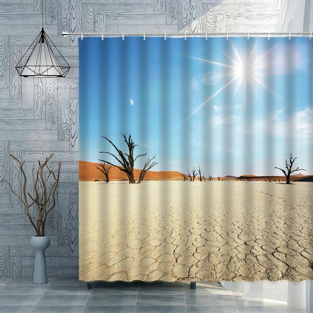 Desert Scenery Shower Curtain Blue Sky White Cloud Ground Fissure Dead Tree Bathroom Decoration Waterproof Cloth Curtains