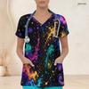 Women Plus Size Black Printed Nurse Scrub Top V Neck Short Sleeve With Front Pockets