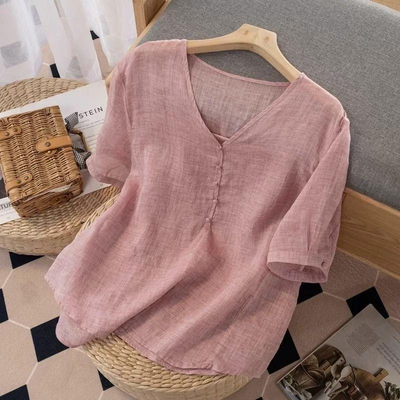 women v-neck half button linen blend blouse short sleeve casual solid color loose fit top