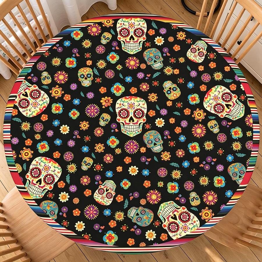 Halloween Round Table Cover Waterproof Oilproof Stretch Fitted Tablecloth Pumpkin Ghost Print Wipeable Table Protector Home Party Holiday Dining Decor
