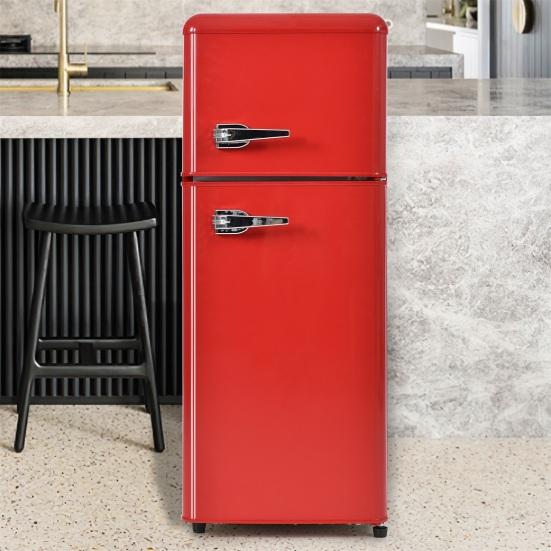 92L Retro Refrigerator LED Light Large Capacity Silver Color Handle Adjustable Temperature Sealed Adhesive Tape Red Dual Zone Refrigerator Kitchen