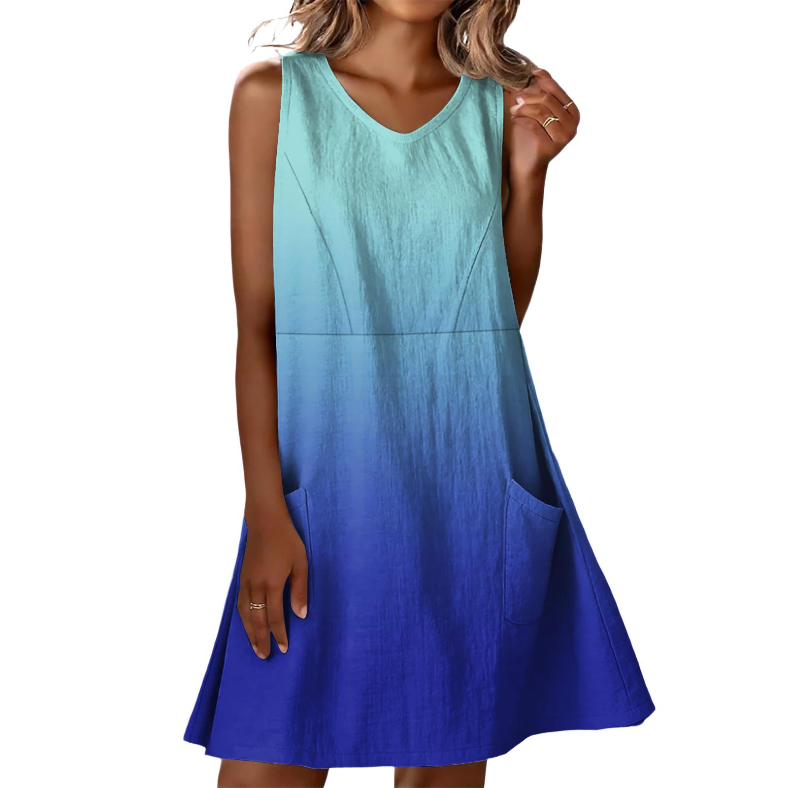 

Летние платья для женщин Свободные Пляжный отдых Повседневные Без рукавов V-образный вырез Сарафаны с карманами Платье-майка L синий