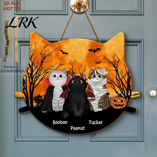 2D Flat Wood Sign Halloween Hanging Door Sign, Cute Cat Wooden Front Pet Name Tag Hanger with Hemp Rope for Porch Wall Indoor Home Decor