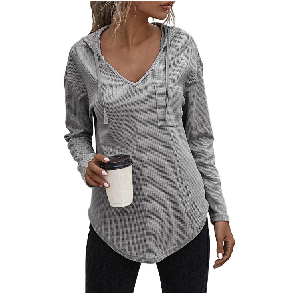 Dámská mikina pro volný čas, dlouhý rukáv, jednobarevný, sportovní svetr s výstřihem do V, s kapsami