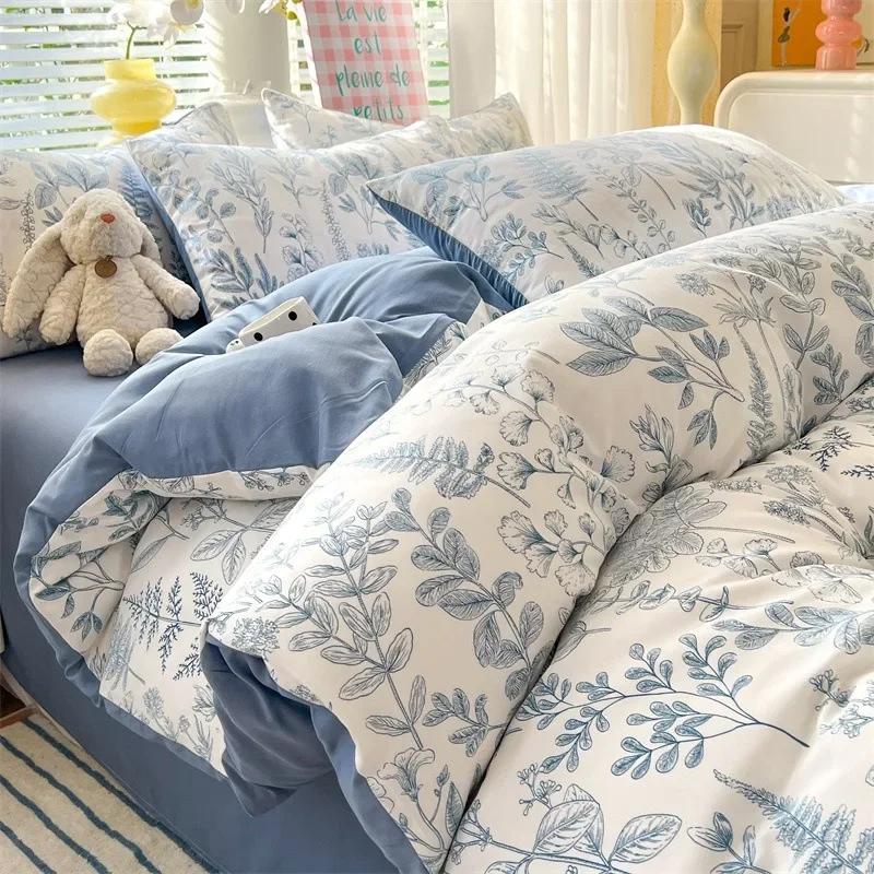 4pcs/set Plant Floral Print Set A Duvet Cover and Bed Sheet A Pair of Pillowcases Suitable for Bedroom Home Decor Bedding Sets