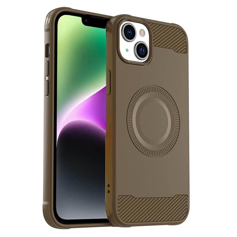 

For iPhone 14 Plus Case Carbon Fiber Texture TPU Phone Cover Compatible with MagSafe Brown