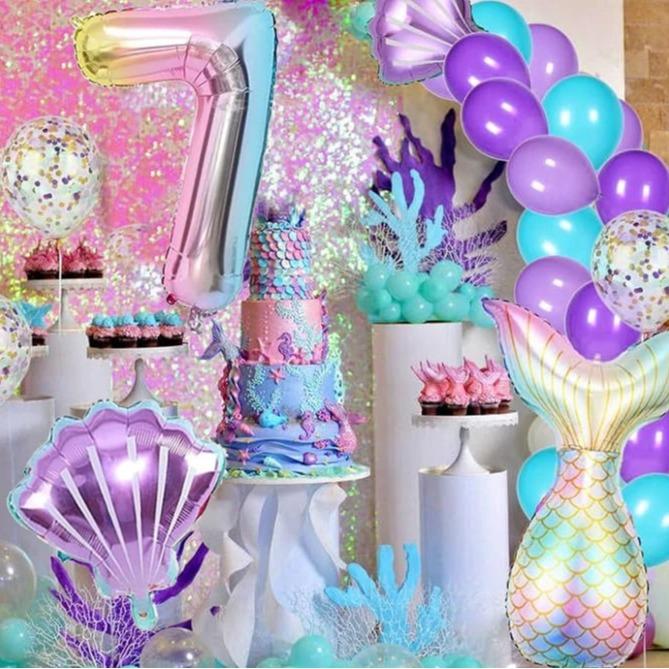 6 pcs Mermaid Tail Ball Digital Foil Balloon Set Mermaid Ocean Fairy Tale Sea Theme Girl Birthday Party NUMBER0-9 Decoration