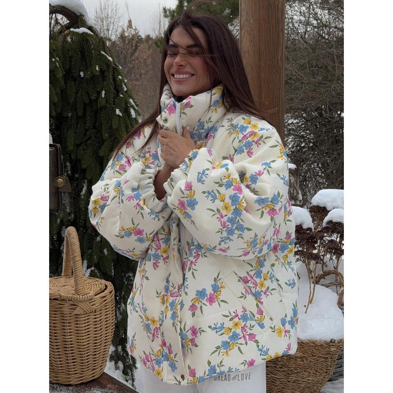 Colorful Printed Cotton Jacket for Women, Autumn and Winter Stand Collar Zipper Cotton Jacket, Warm Cotton Jacket for Women