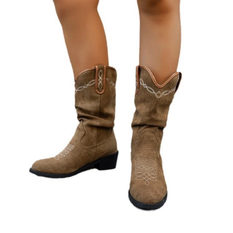 Vintage Stickerei Dicke Ferse Westernstiefel Vielseitige Schaft Cowboystiefel Vielseitiger Reiseurlaubsstil Niedrige Ferse Kurze Stiefel Damen