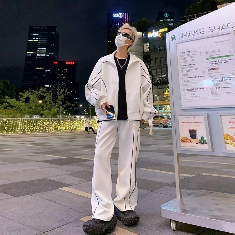 Pánská trendy volná bunda a kalhoty: Korejský styl jednobarevný na jaro a podzim