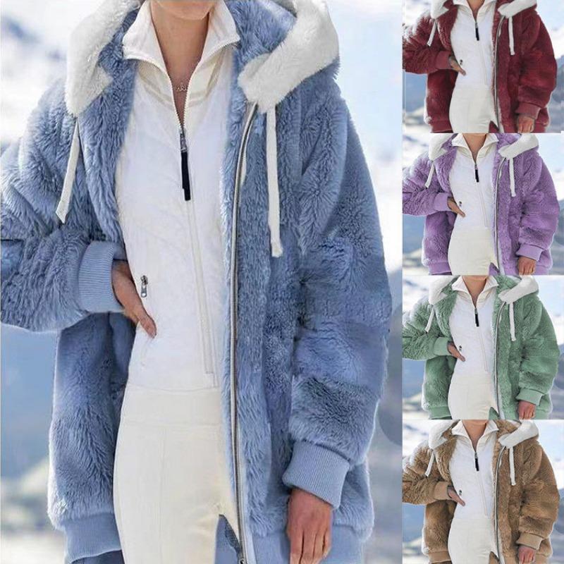 Autumn Loose Plush Zipper Plus Size Hooded Jacket for Women Winter Fashion Clothing Long Sleeve Solid Velvet Coats Women Vintage Warm Jacket Top 25288