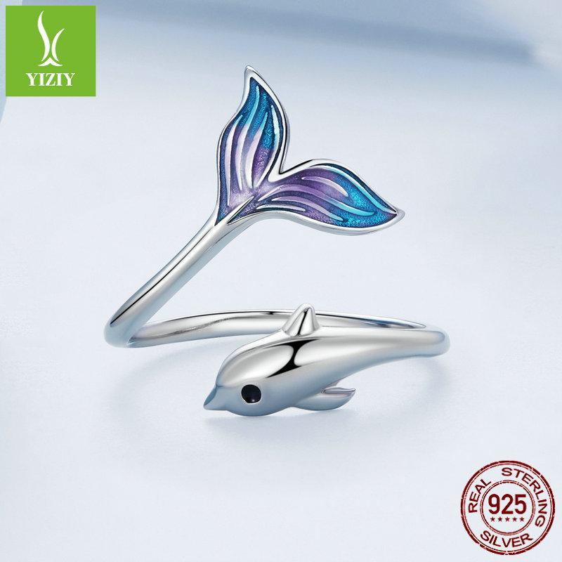 Design Gradual Change Oil Drop Dolphin Opening Ring, Niche Light Luxury 925 Silver Ring Bsr270