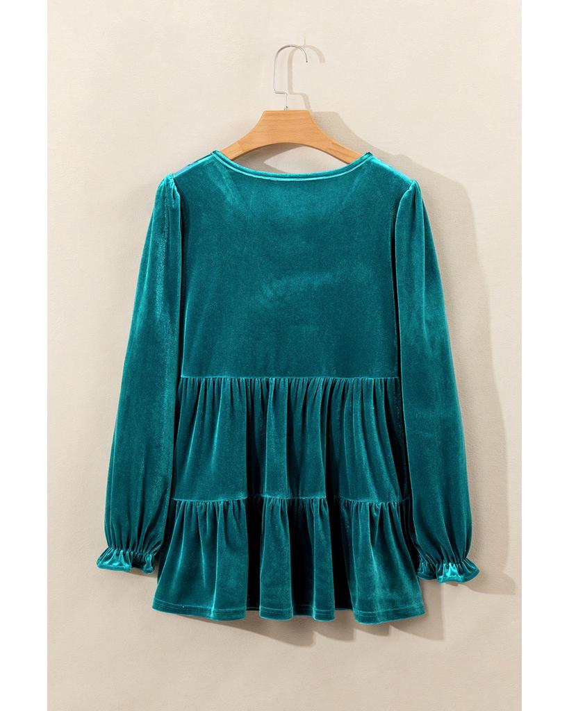Azura Exchange Sea Green Velvet V Neck Peplum Hem Puff Sleeve Blouse