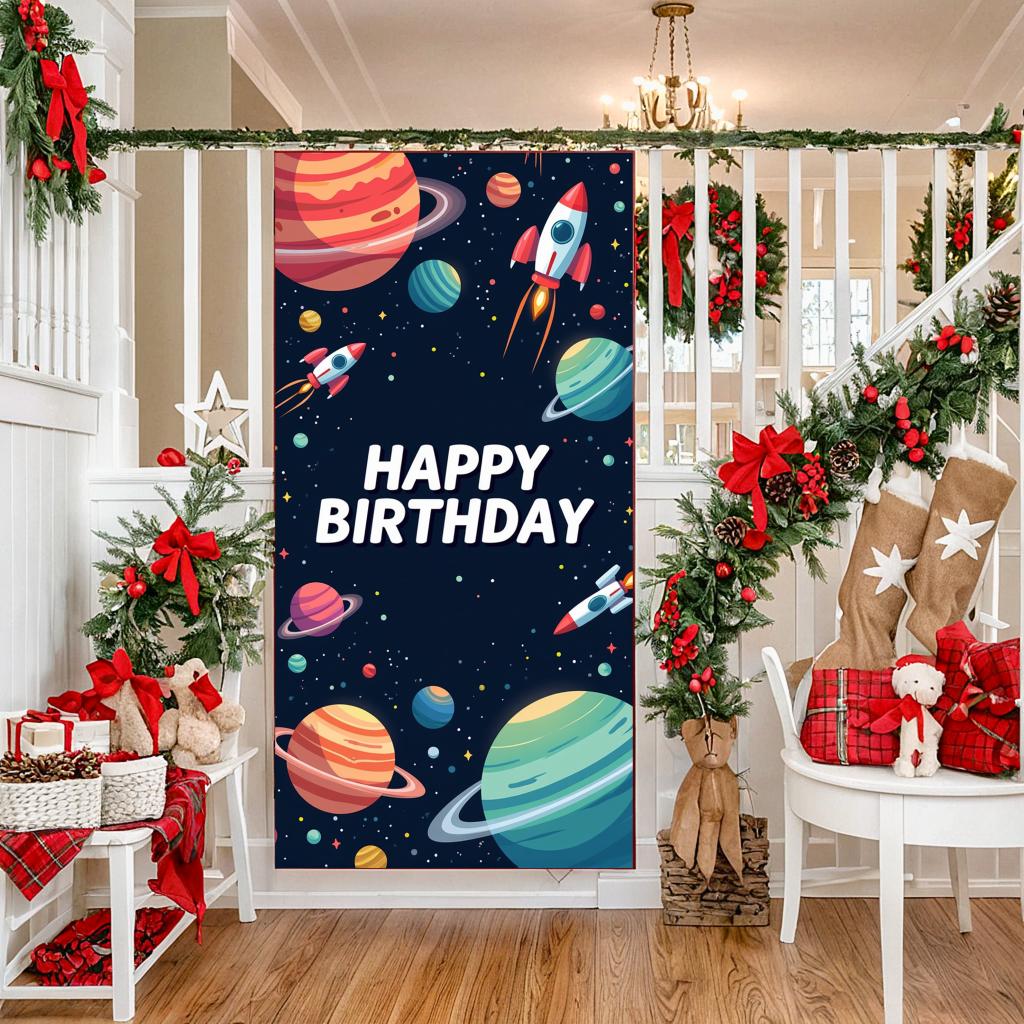 Rocket Birthday Decoration Creative Planet Durable Birthday Banner Vibrant Birthday Backdrop for Outdoor