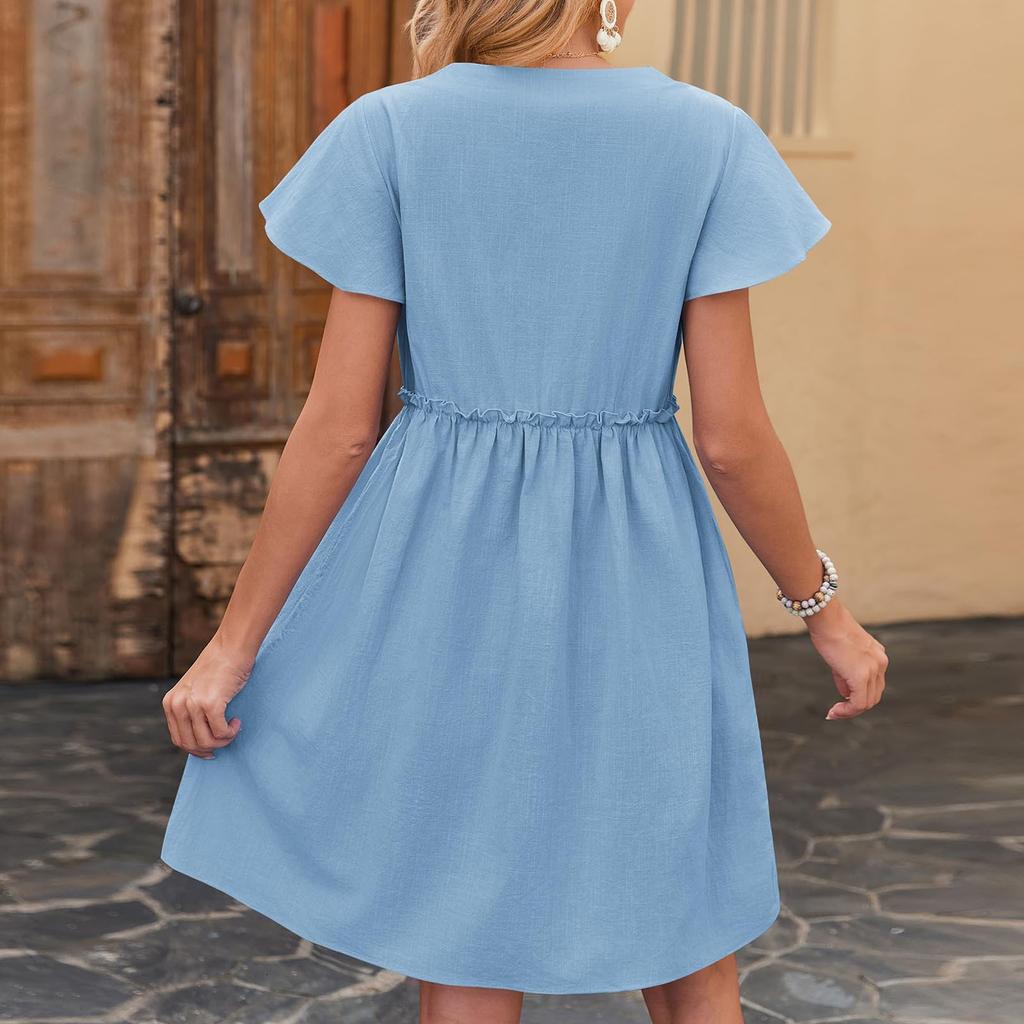 Women's Dress Casual Summer Solid Color V-neck Short Sleeved Dress