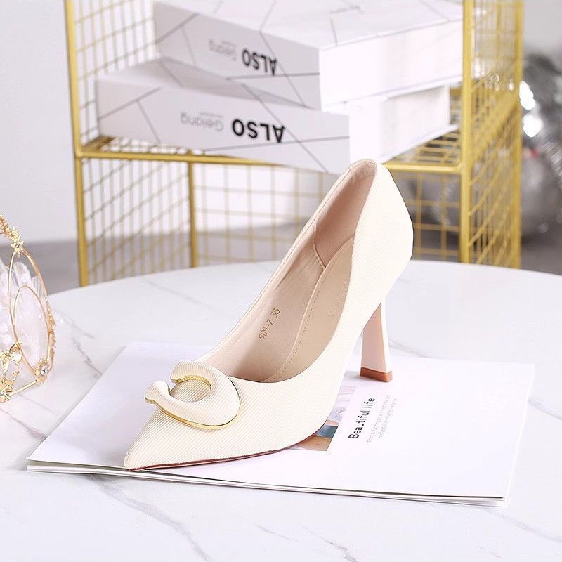pointed metal buckle high-end thin heels single shoes 2025 spring and autumn new work shoes celebrity temperament high heels women