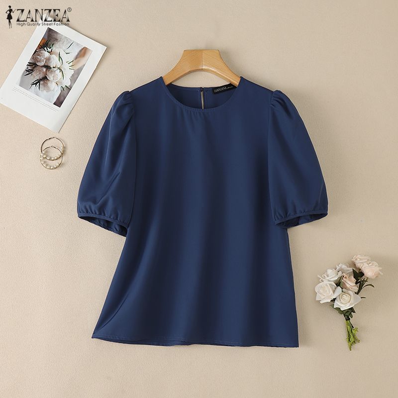 ZANZEA Lässige Bluse mit Rundhalsausschnitt, einfarbig, locker und kurzärmelig für Damen