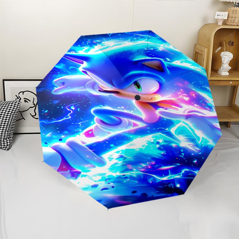 Sonic the Hedgehog Print Automatic Umbrella, 8 Rib Iron Frame, Plastic Handle, Suitable for Outdoor Travel &Daily , Ideal Gift