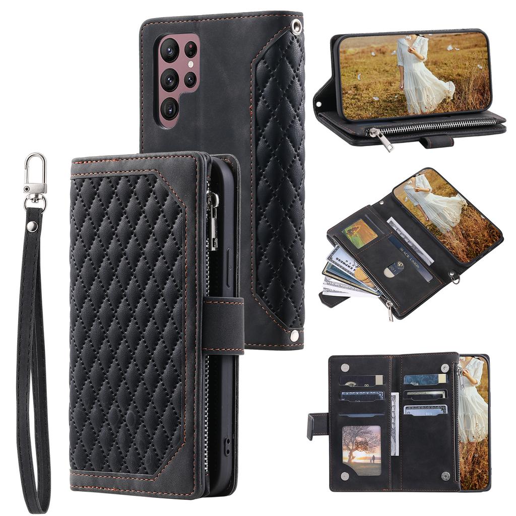 Quilted Zipper Wallet Case for iPhone 17 Pro & Samsung S25 Ultra - Flip Leather Card Holder Cover with Wrist Strap