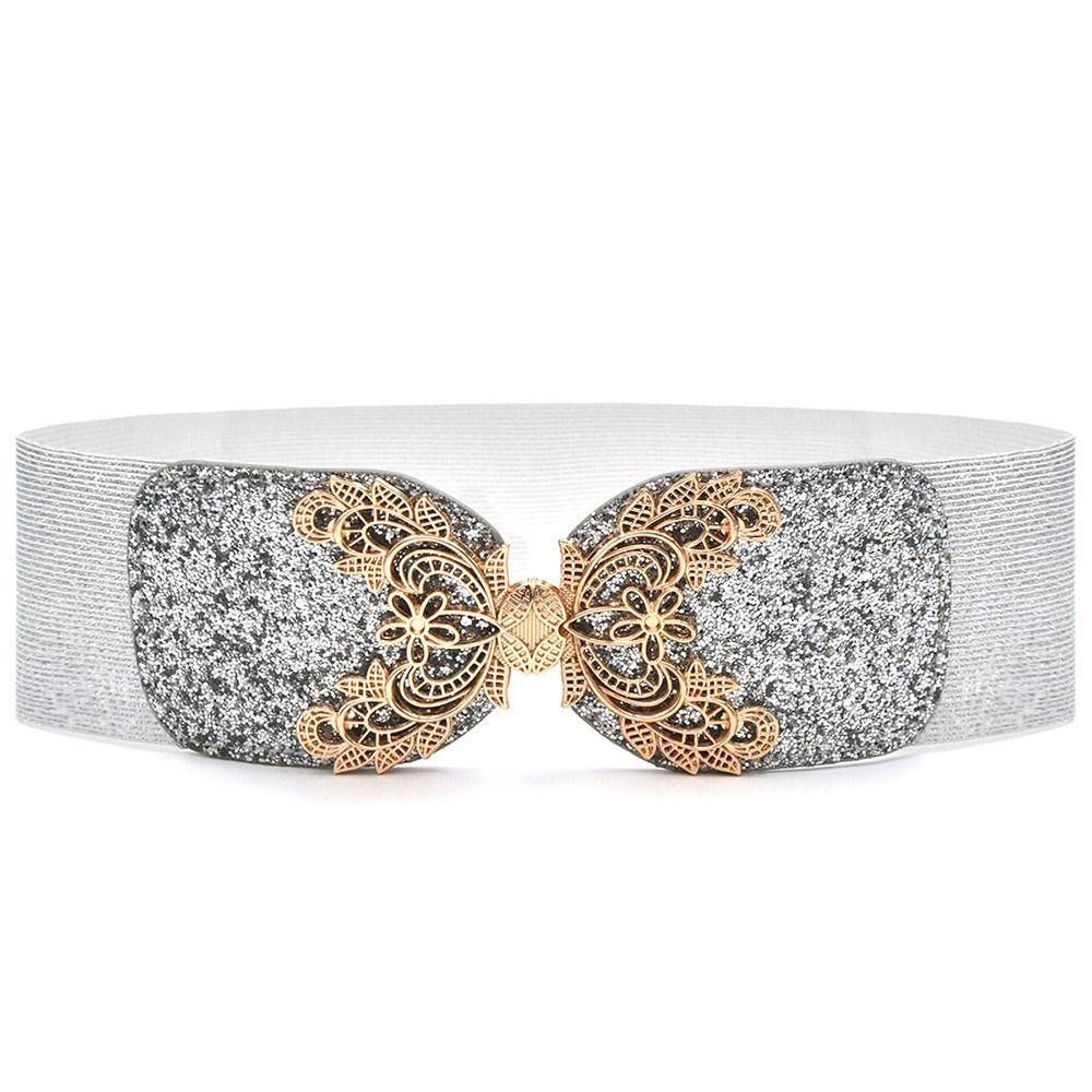 Fashion Metal Buckle Women Elastic Band Waist Defining Solid Color Elastic Wide Belts Comfortable Dress Belt Jeans
