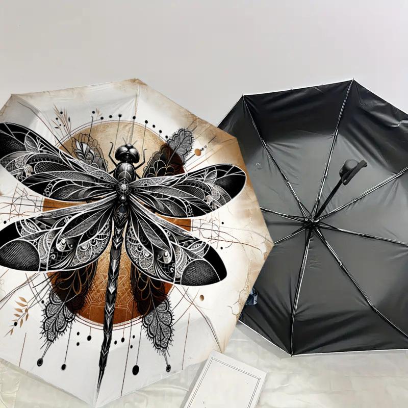 1 szt. Parasol z motywem ważki, automatycznie otwierany/zamykany, wiatroodporny, 8-żebrowy, wytrzymały czasza, trwałe żebra, modny design, akcesorium zewnętrzne, zabawny nadruk