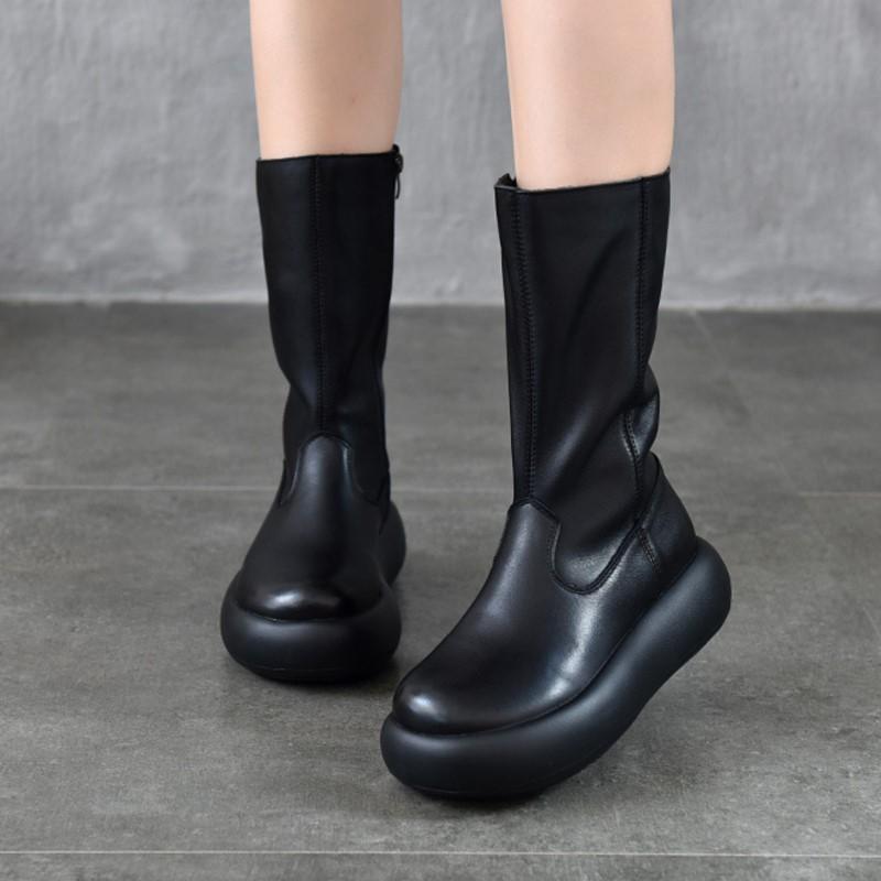Johnature Women's Boots Genuine Leather Retro Round Toe Thick Soled Side Zipper Mid-calf Boots