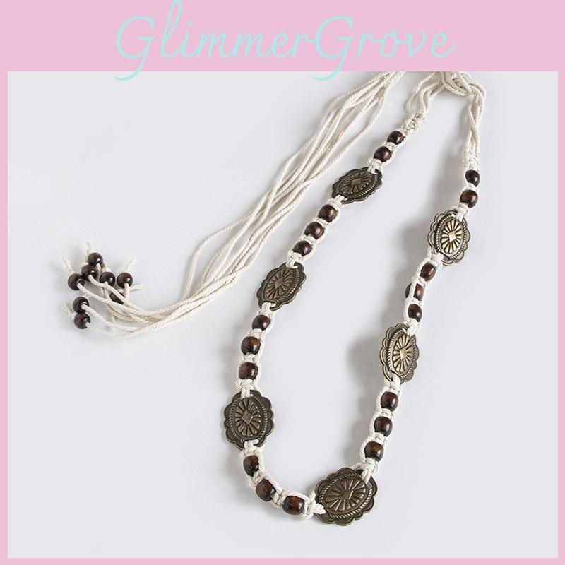 Metal Style Bohemian And Wooden Bead Decor Women Casual Woven Belt Daily For
