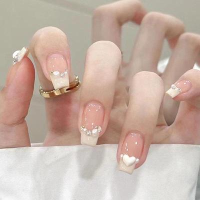 French Pearl Heart Diamond Ballet Nail Art - Medium-Length Detachable False Nails