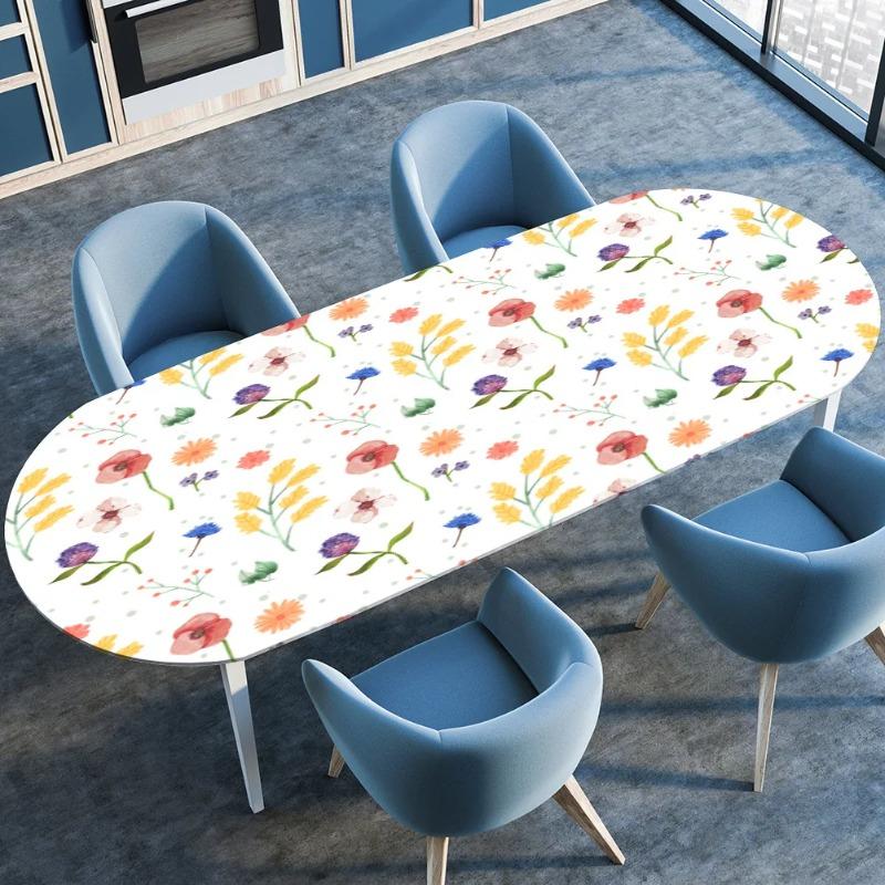 Elastic Stretch Waterproof Tablecloth Oil-Resistant Oval Fitted Table Cover for Kitchen Dining Wedding Party Outdoor Courtyard
