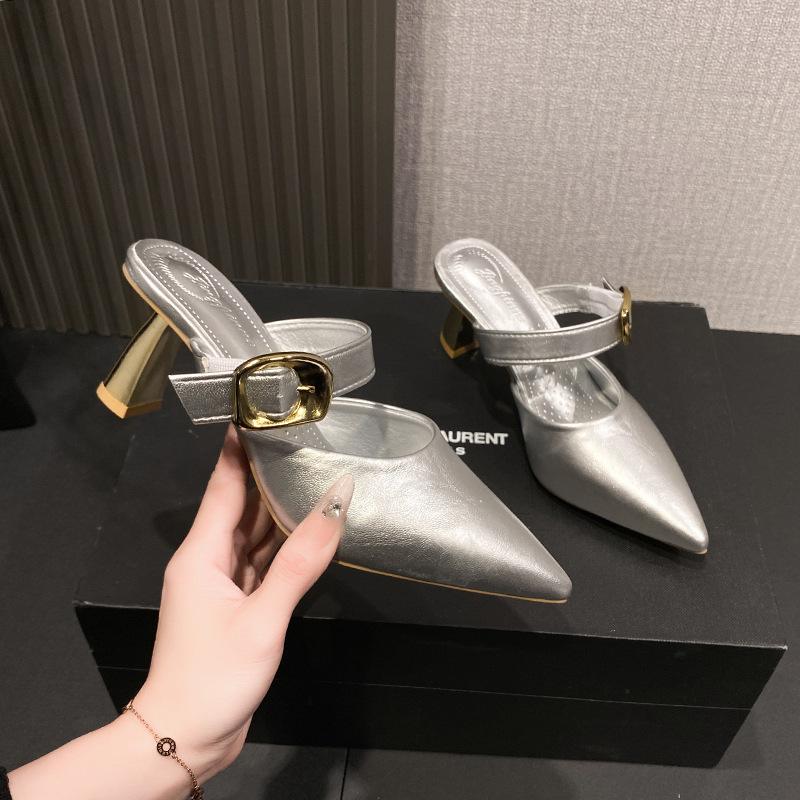 Slippers thin heel sandals pointed head sexy high heel 2025 women's French Mueller temperament spring and summer bag head new half slippers