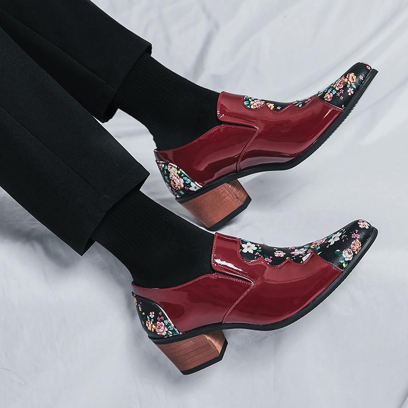 Men's White Flower Printed Dance Shoes Leather High Heels Wedding Dress Shoes Tuxedo Prom Blazers Red Dress Shoes Plus Size