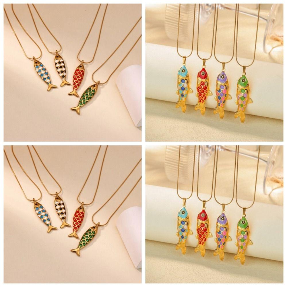 3D Charms Fish Pendant Necklace Snake Chain Marine Life Necklace Enamel Ocean Necklace  Classic