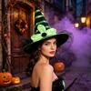 Halloween Costume Hat Witch for Women Girls, Large Striped Wizard Holiday Themed Party Accessories with Flower Accessories, Cosplay, Parent