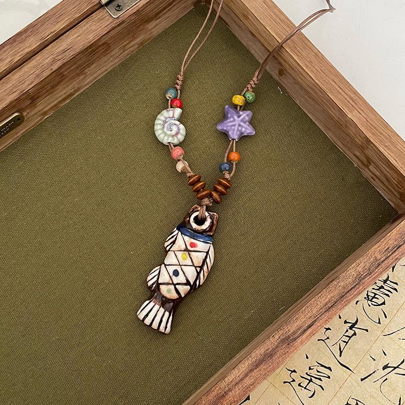 Painted ceramic fish necklace, Bohemian style woven rope necklace, women's vintage high-end beaded clavicle chain