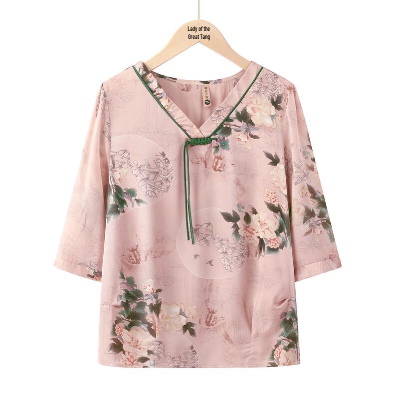 Middle-Aged Women s Chinese Style V-Neck Loose Summer Blouse L (80-90 Jin)