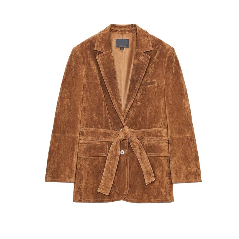 

Fall Women s Clothing Bows Waistband Lapel Long Sleeves with Padded Shoulder Suede Suit Outwear 4341747 Toffee L