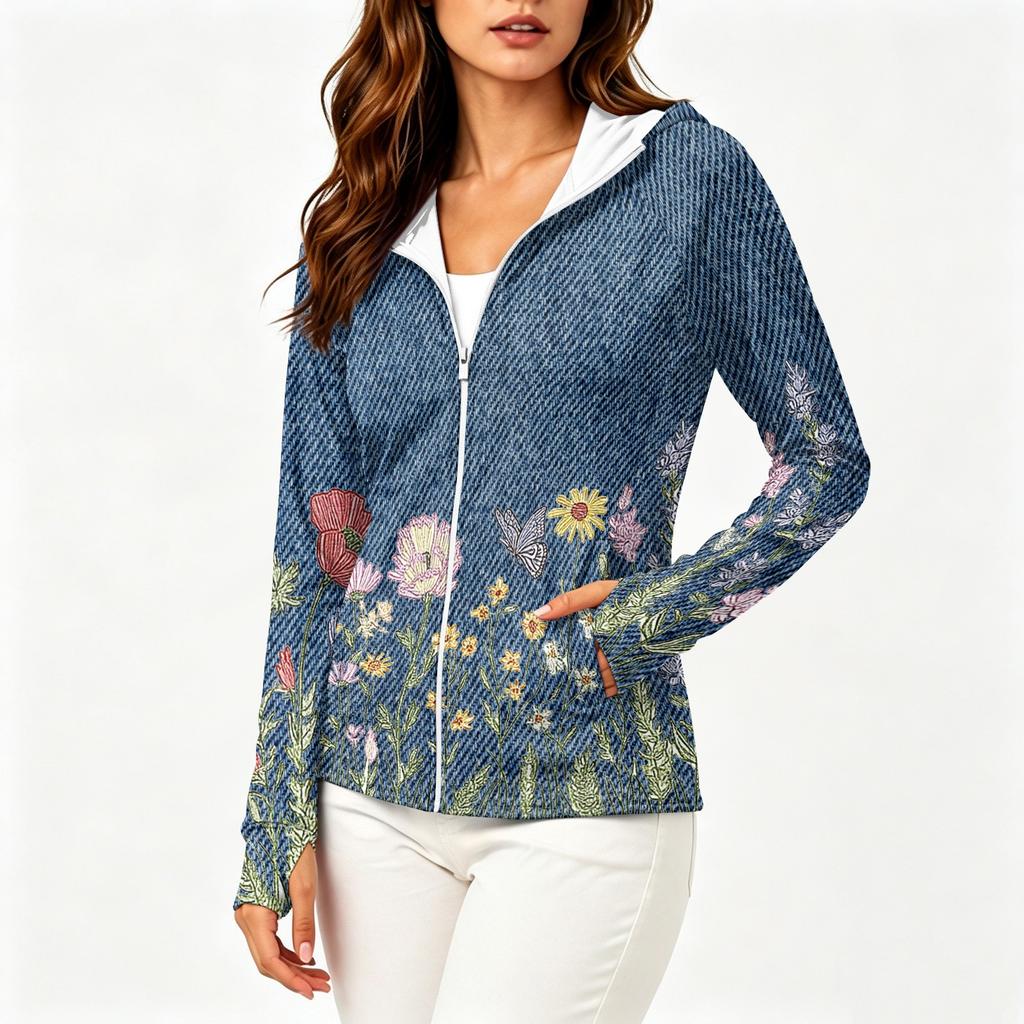 Damen Kapuzenjacke mit Reißverschluss, langen Ärmeln und Taschen, mit Blumenmuster, leichte SonnenSchutz-Außenjacke für Outdoor-Aktivitäten
