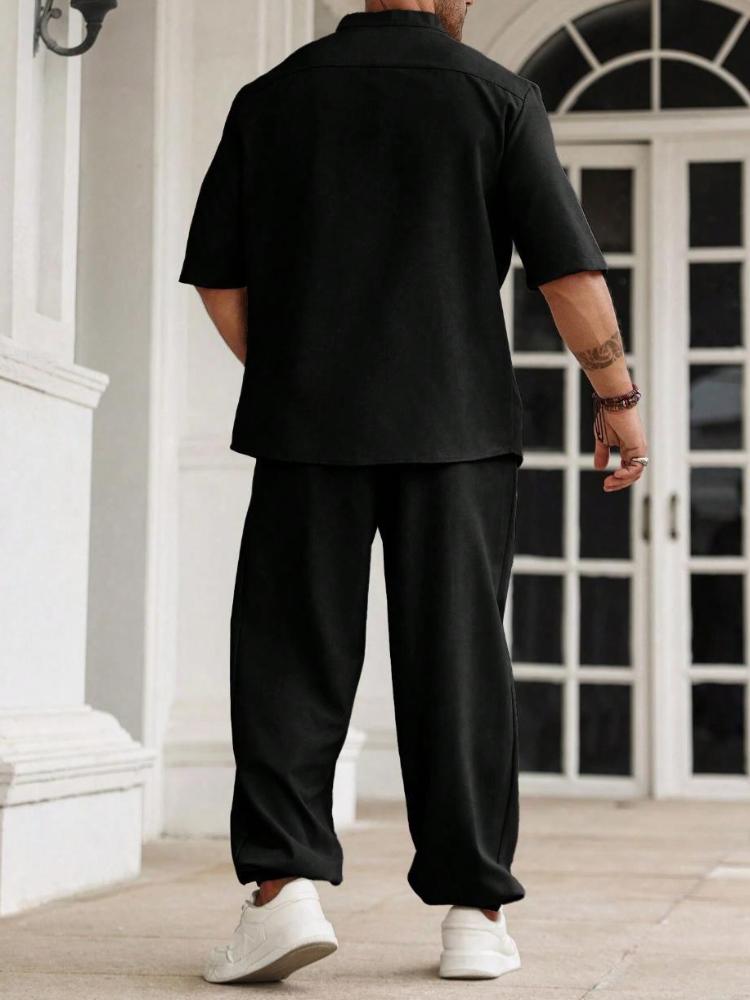 Men's Cotton and Linen Casual Button Up Shirt, Short Sleeved Pants, Solid Color Casual Suit