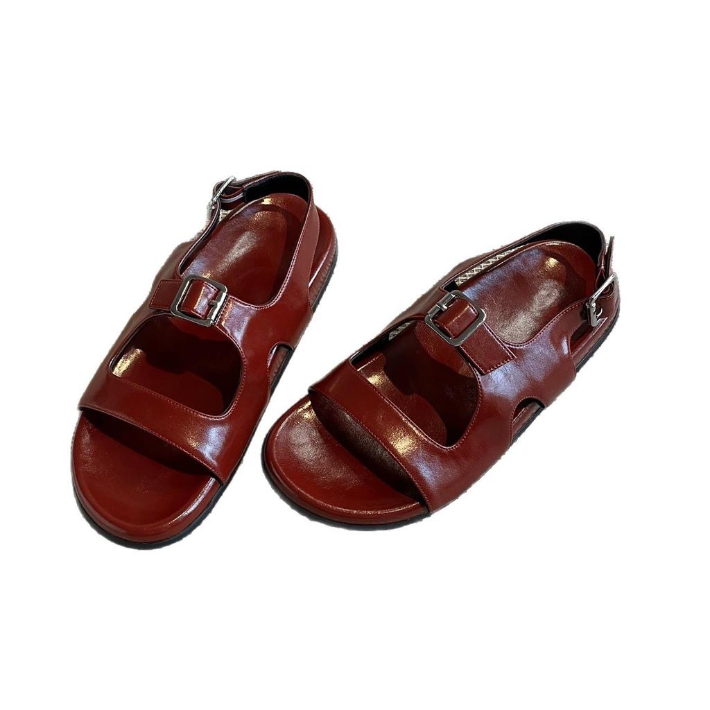 Cowhide version~ Vintage niche belt buckle open-toed platform sandals women's 2025 summer beach flat-bottomed cool slippers