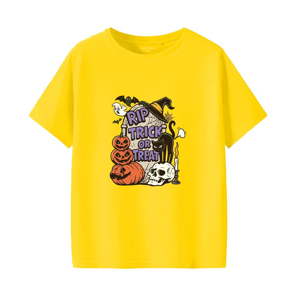 Halloween Pumpkin Print Short Sleeved Round Neck Versatile Fashion Womens Tshirt for Spring and Summer