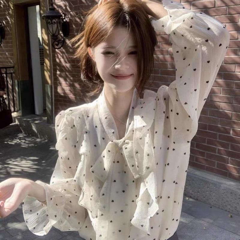 Women V Neck Bow Tie Ruffled Heart Print Chiffon Long Sleeve Blouse S абрикосовый