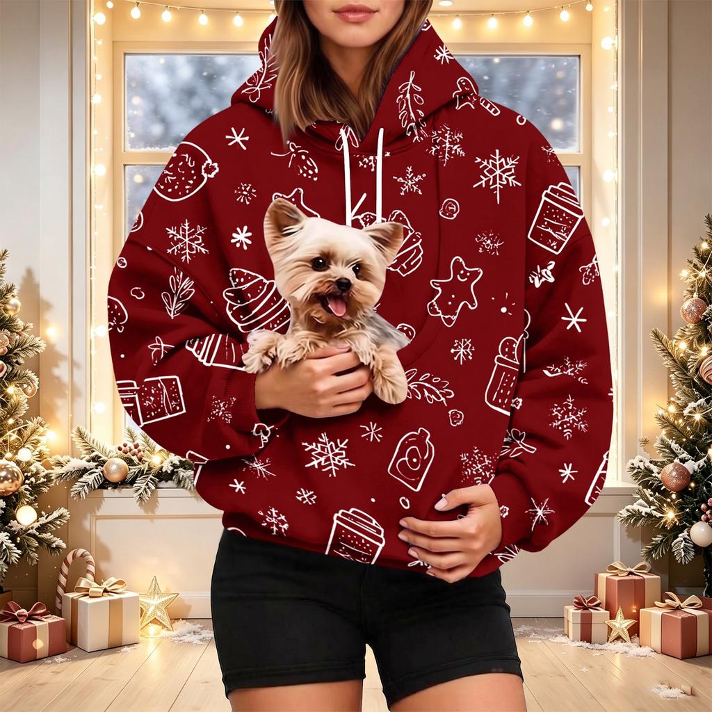 Felpa con cappuccio da donna con stampa natalizia e tasca per animali domestici, Felpa alla moda con cappuccio per le feste