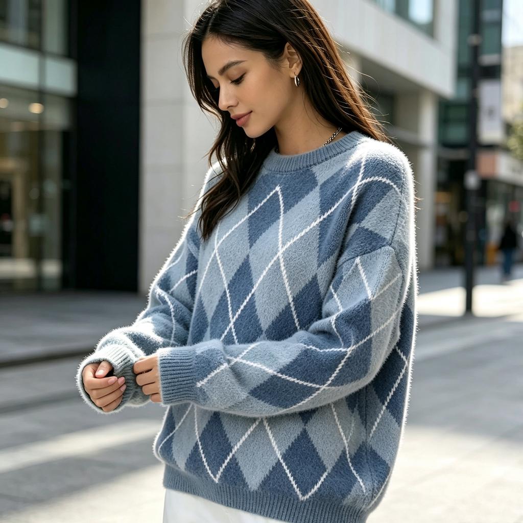 Women's Loose Fit Knit Top Neck Color Block Pullover Sweater for Casual Wear