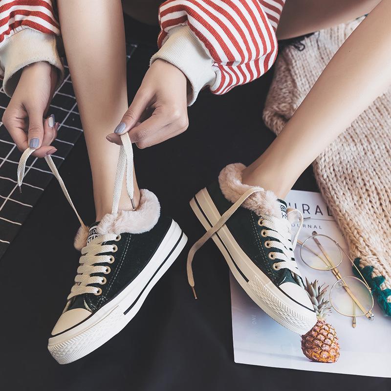 Women Winter Shoes Plush Canvas Shoes Sweet Female Solid Lacing Cotton Padded Shoes Snow Boots