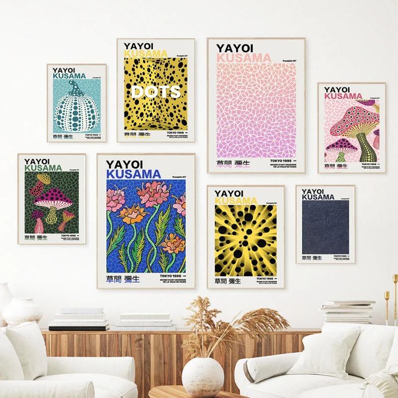 Nordic Retro Abstract Pumpkin Mushroom Flowers Yayoi Kusama Posters Wall Art Canvas Painting Wall Pictures for Living Room Decor