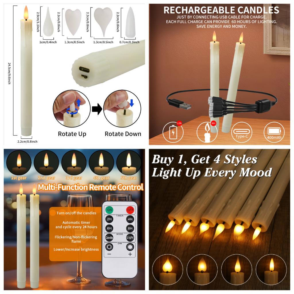 Flameless Ivory Taper Candles Flickering with 10-Key Remote Led Warm 3D Wick Light Window Candles Christmas Home Wedding Decor