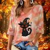 Women's V-Neck Halloween Printed Three-Quarter Sleeve Casual Blouse for Fall Festive Occasions